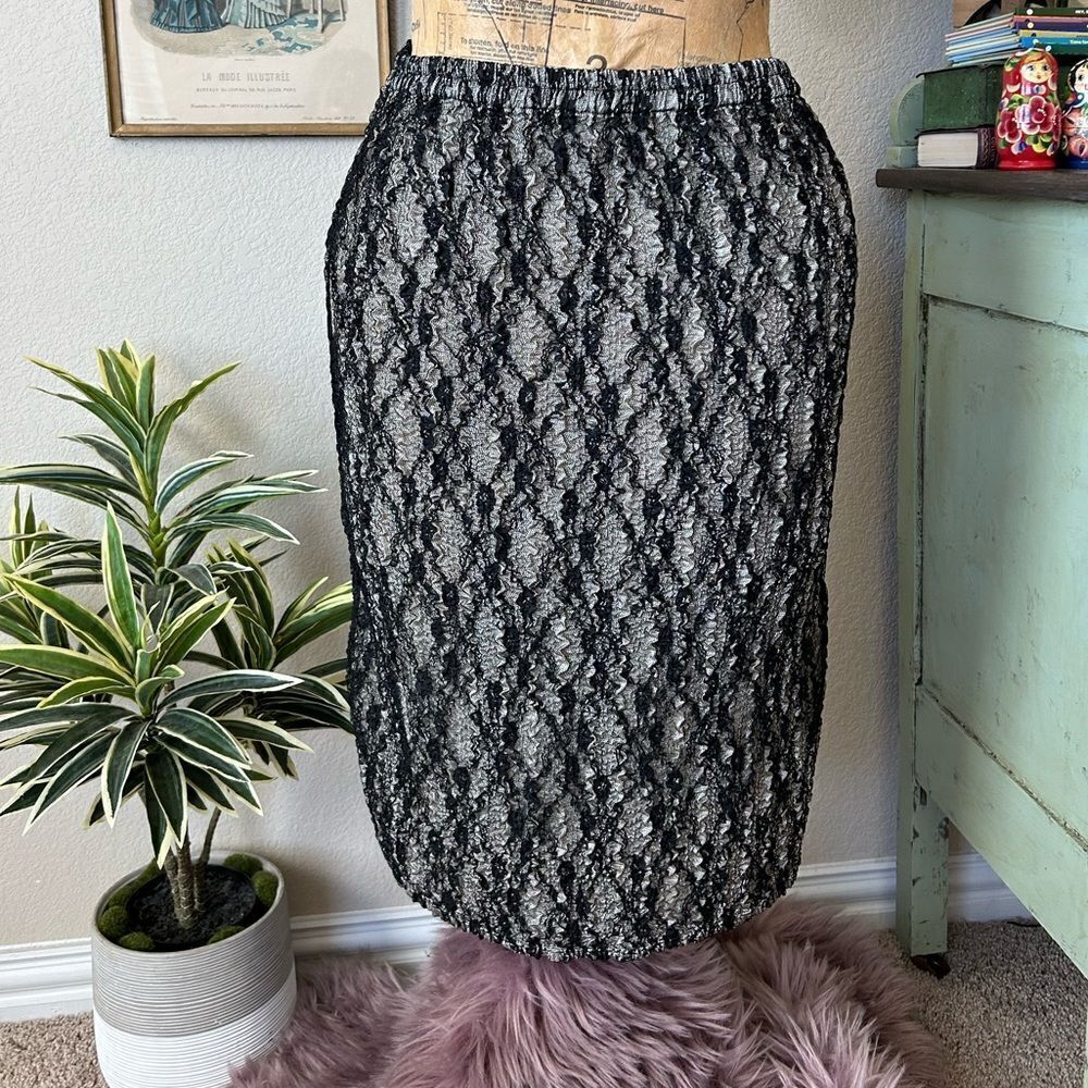 Rafael Cream Black Crinkle Bubble Lace Mesh Stretch Pull On Pencil Skirt Sz M